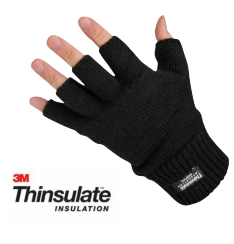 Mens Ladies THERMAL THINSULATE FINGERLESS GLOVES Knitted Wooly 3M Black