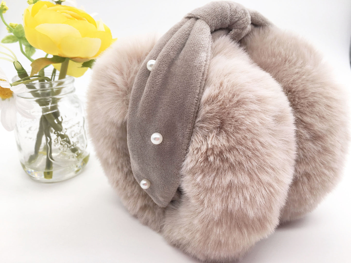 Women EARMUFFS, Foldable, Ear Warmers, Cold Weather Protection, Stylish Velvet Band with Pearl detail