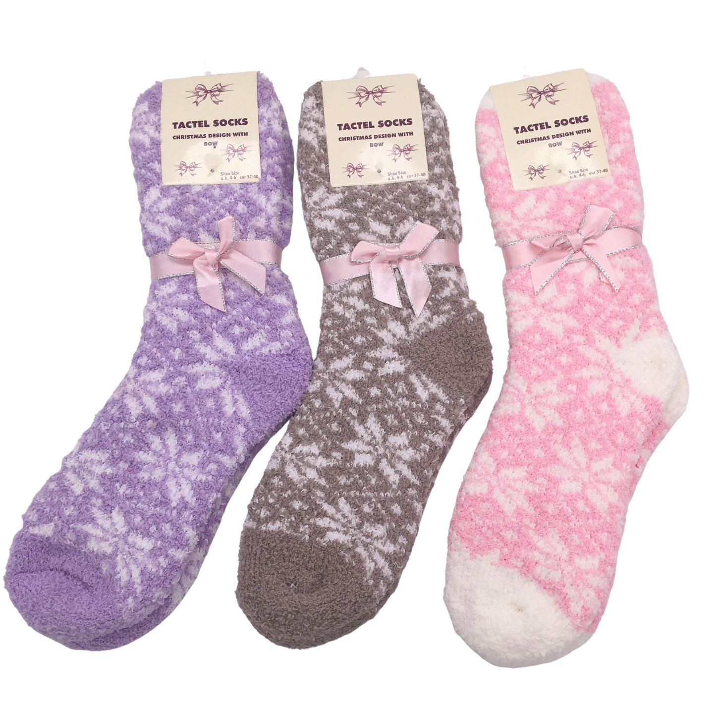 Ladies Tactel Cozy Soft with bow snowflake slipper socks, lounge wear, WINTER WARMTH Sizes 4 – 6