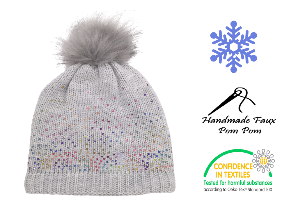 Girls Sequin Knitted Fashion Winter Beanie Hat Winter Warm Hat with Pompom & Fleece Lining
