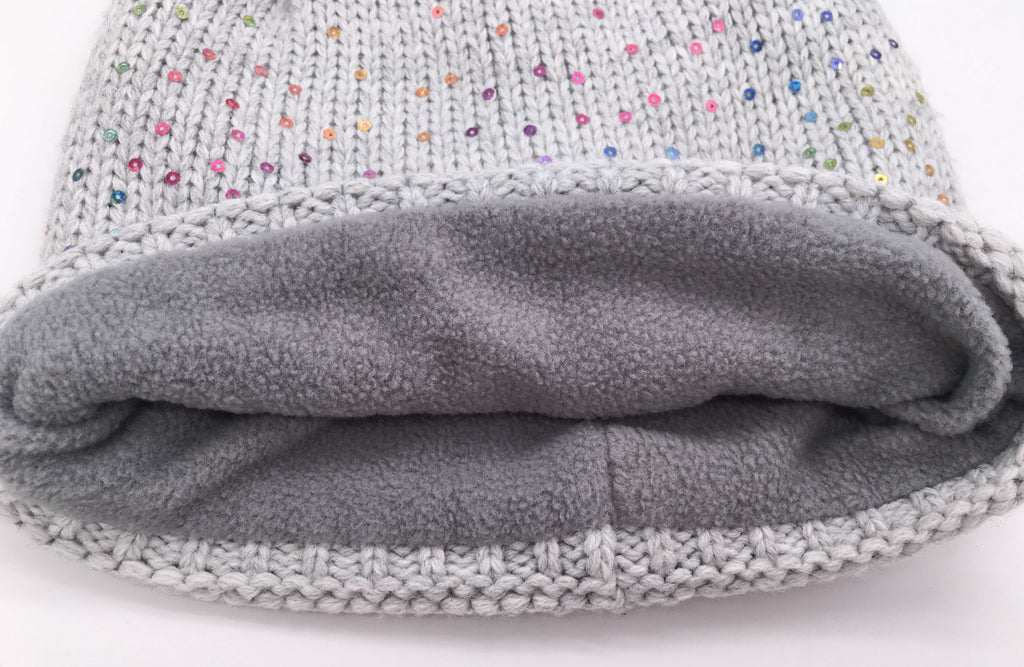 Girls Sequin Knitted Fashion Winter Beanie Hat Winter Warm Hat with Pompom & Fleece Lining