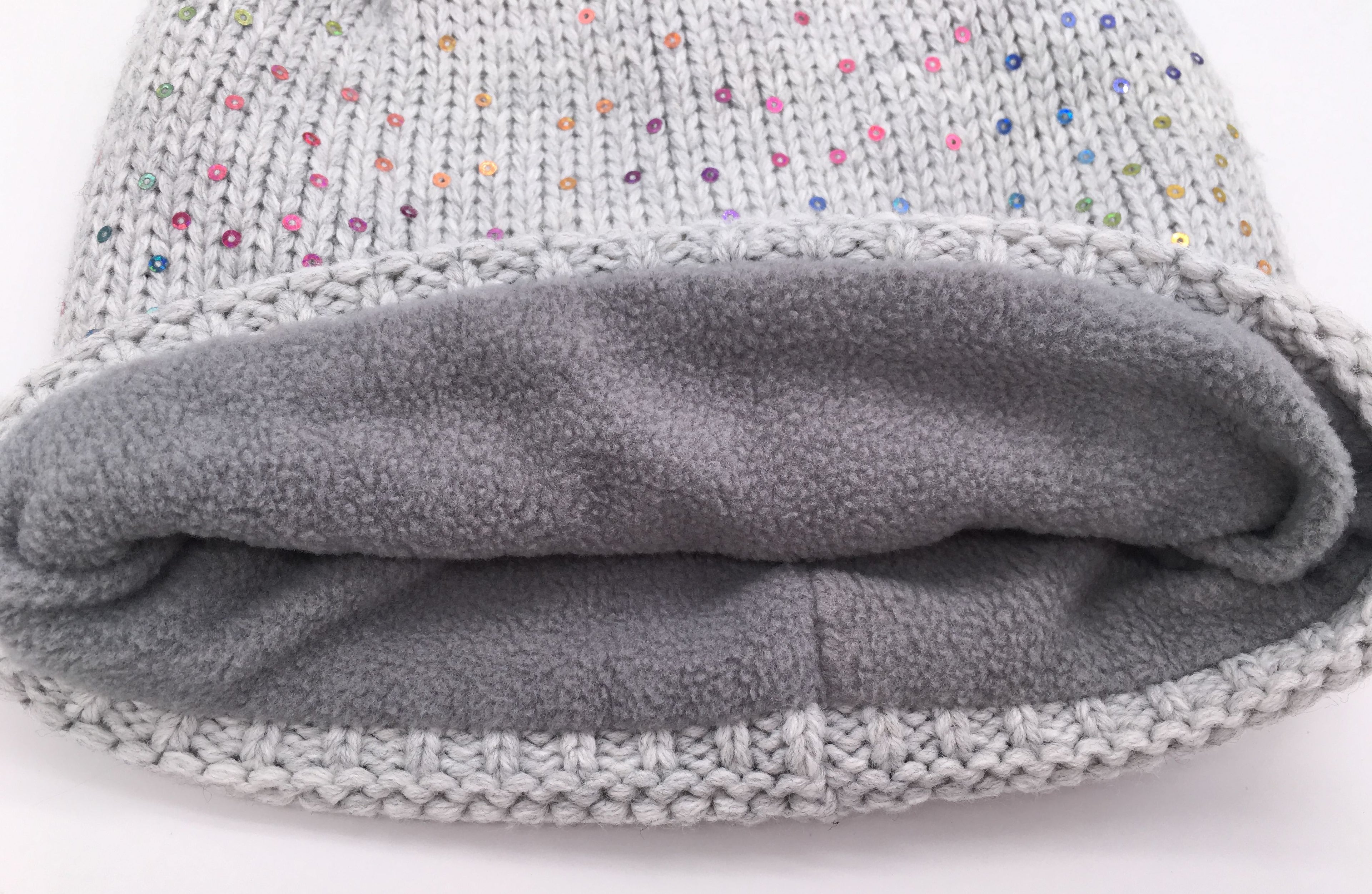 Girls Sequin Knitted Fashion Winter Beanie Hat Winter Warm Hat with Pompom & Fleece Lining