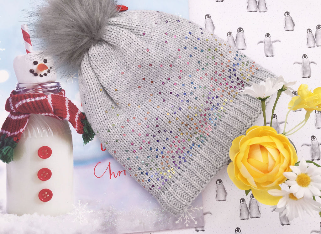 Girls Sequin Knitted Fashion Winter Beanie Hat Winter Warm Hat with Pompom & Fleece Lining