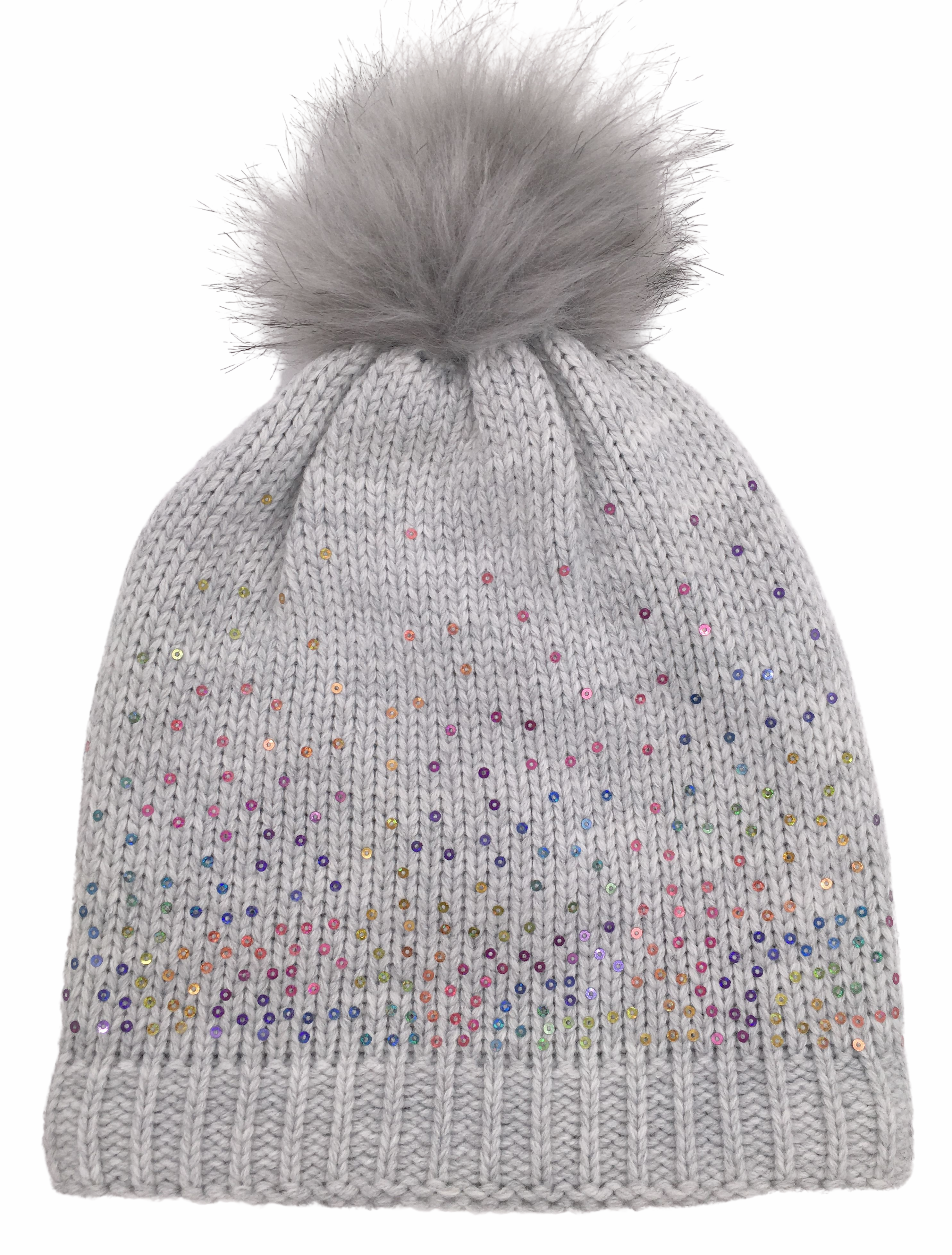 Girls Sequin Knitted Fashion Winter Beanie Hat Winter Warm Hat with Pompom & Fleece Lining