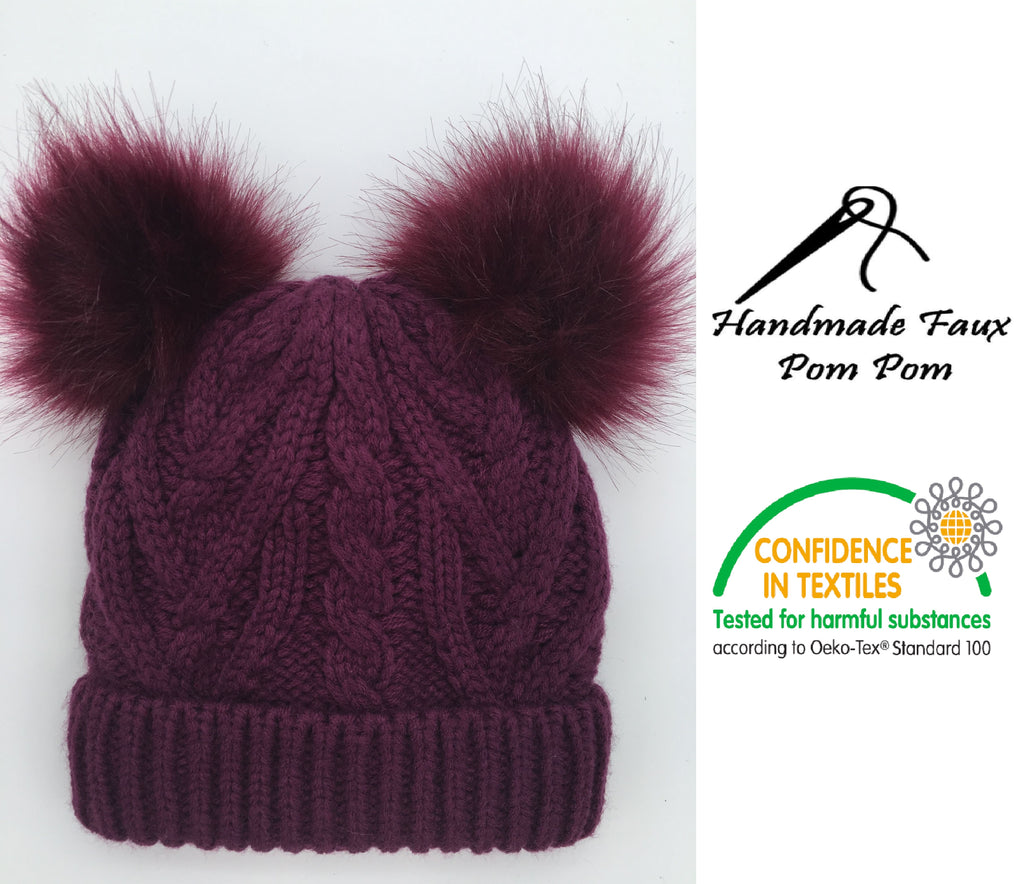 Girls Knitted Fashion Winter Beanie Hat Winter Warm Hat with Double Pompom & Lining
