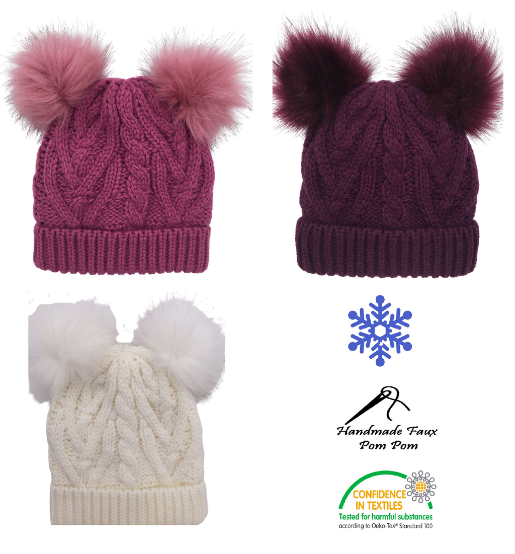 Girls Knitted Fashion Winter Beanie Hat Winter Warm Hat with Double Pompom & Lining
