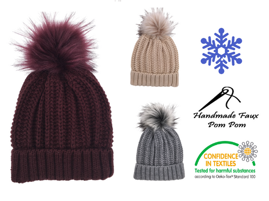 Ladies Women Knitted Fashion Winter Beanie Hat Winter Warm Hat with Pompom & Lining