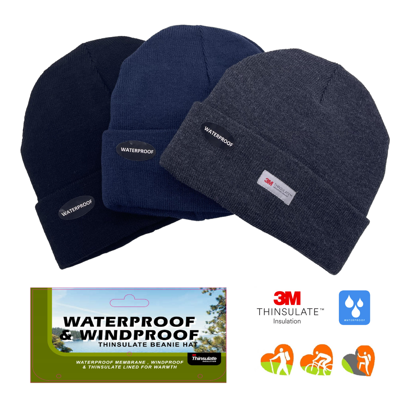 MENS 3M Thinsulate 100% WATERPROOF&WINDPROOF Thermal Knitted Beanie Hat
