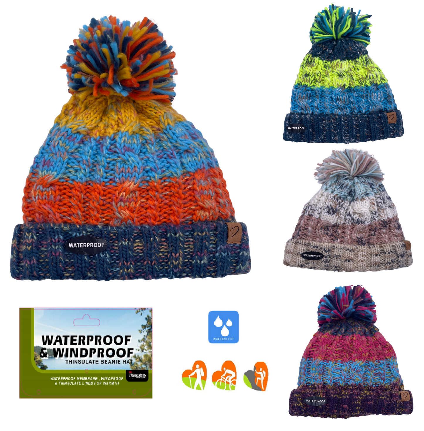 Ladies 100% WATERPROOF WINDPROOF Warm Cable Knit hat pompom Polar Fleece lining