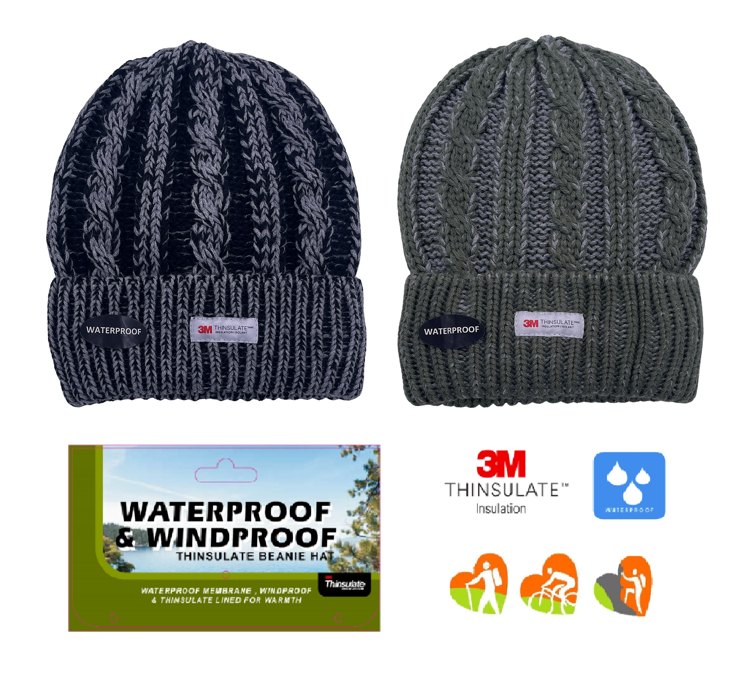 Mens 3M Thinsulate Thermal Cable Knit Beanie Hat WATERPROOF WINDPROOF Warm