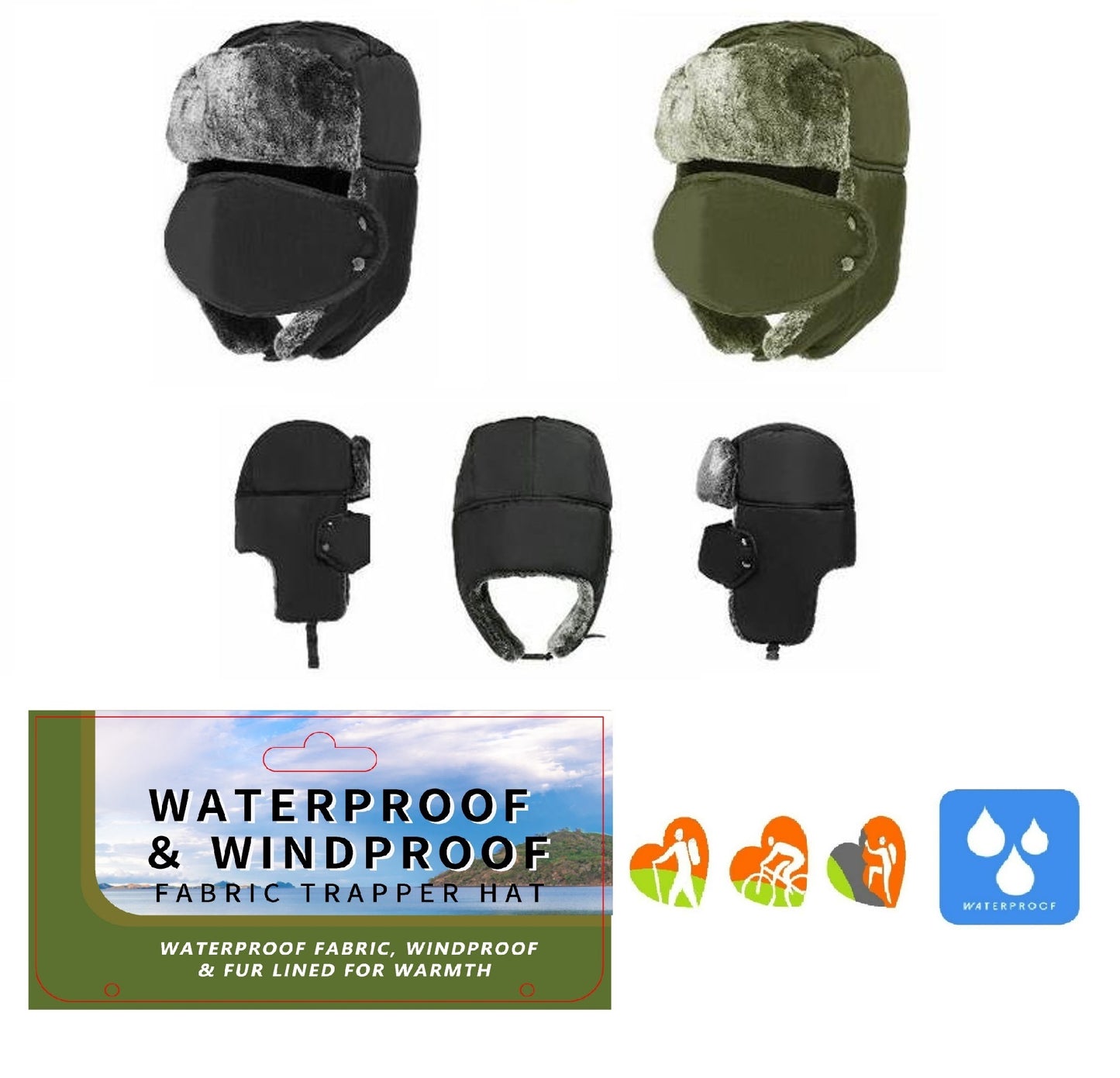 Adults Waterproof Thermal Trapper Hat with Mouth Covering Feather Lined Winter Hat