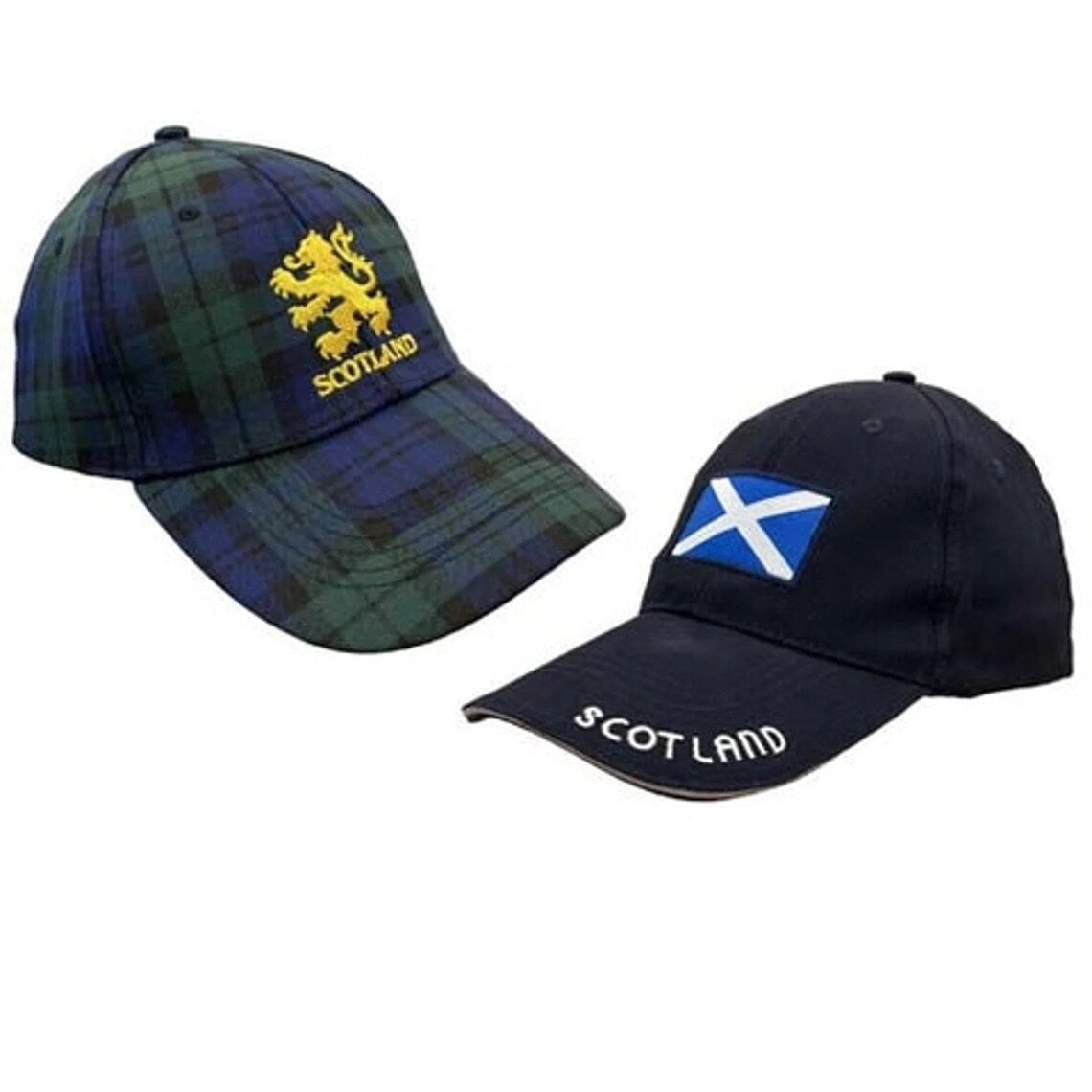 Adults 5 Panel SCOTLAND Baseball Caps, Tartan with Scottish Lion Embroidery, Blue with Scotland Flag
