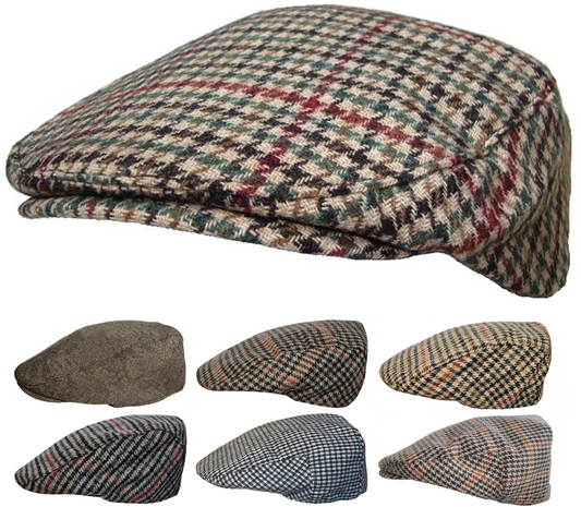 MENS TWEED CHECK FLAT CAP VINTAGE HERRINGBONE WOOL MIX