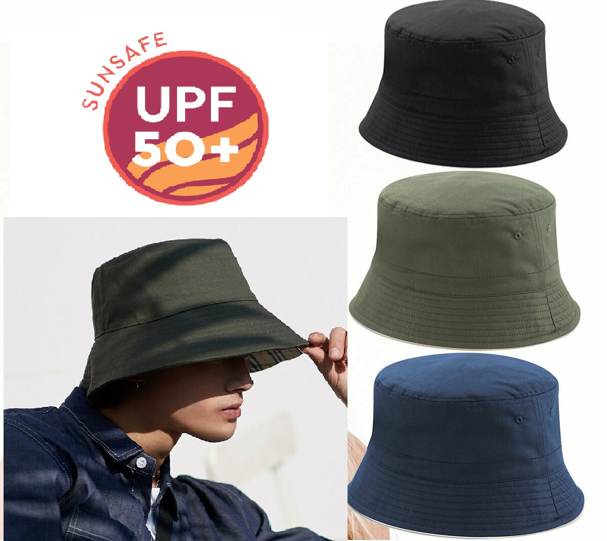 UNISEX Reversible Bucket Hat, 100% COTTON, Twill Bucket Hat UPF 50+